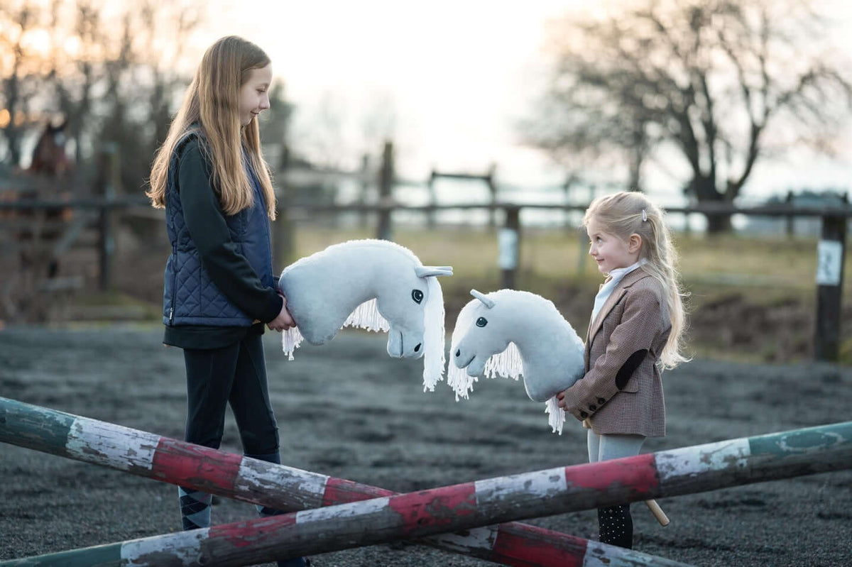 Twee kinderen houden witte Hobby Horses vast naast geschilderde hindernissen in een buitenpiste