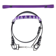 Zwart hoofdstel voor Hobby Horse met bit en paarse frontriem met driehoeken, plus een tweede effen paarse frontriem met drukknopen