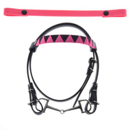 Zwart hoofdstel voor Hobby Horse met bit, hoofdband met roze en zwarte driehoeken en een extra effen roze hoofdband