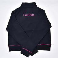 Dos du sweat-shirt LarDen Hobby Horse noir posé à plat, avec inscription rose sur les épaules et poignets à passepoil rose