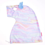 Combinaison de protection Rainbow à plat, housse pastel en forme de tête de cheval avec oreille bleu clair, ouverture pour l’œil et cordon