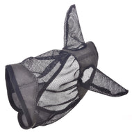 Hobby Horse Fly Mask De Luxe Grey on its own from the side, grey fabric with black binding and pointed mesh ears