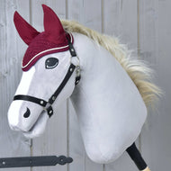 Grey Hobby Horse with a blond mane and black halter wearing the sparkly Ear bonnet crocheted Lux Maroon