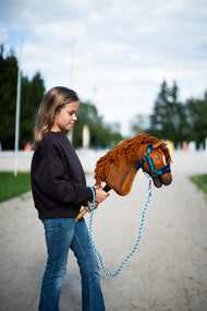 Jong meisje in donkere sweater leidt Hobby Horse Pippa met petrolblauwe halster en blauw halstertouw over een zandpad