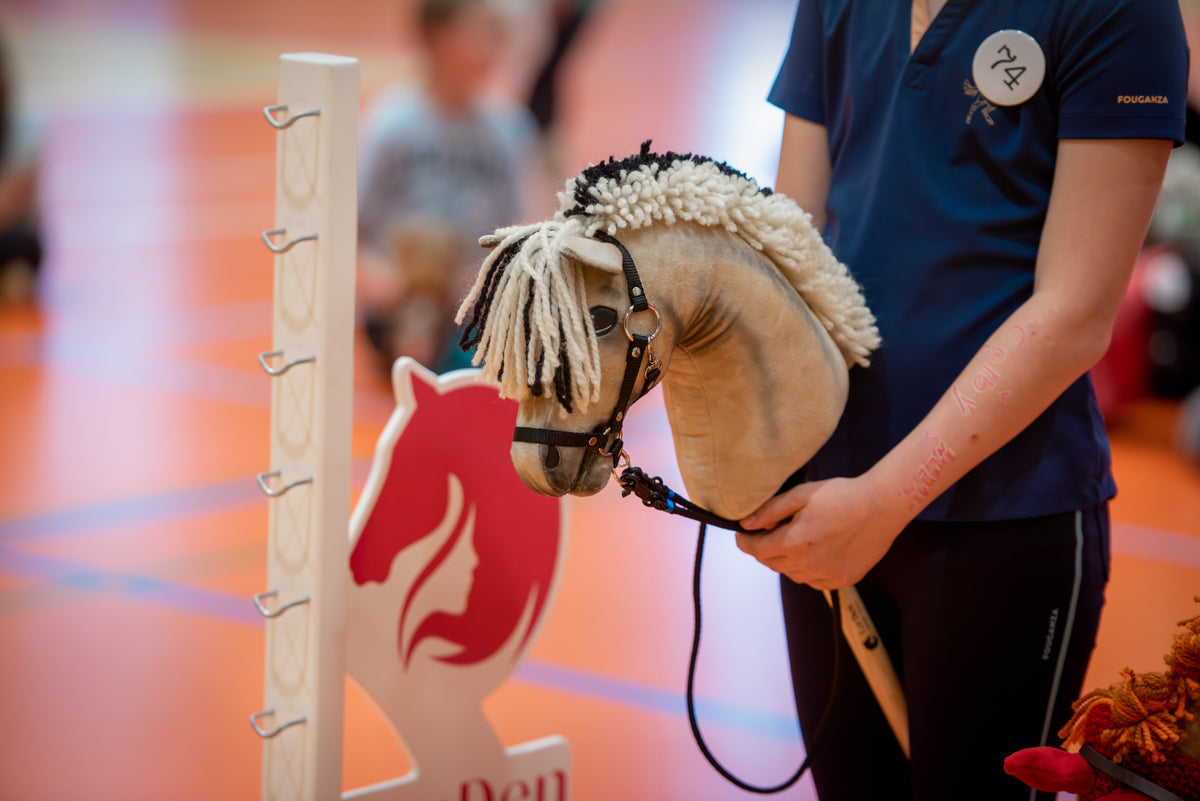Gros plan à la compétition LarDen et CHHA en salle, participants en maillots bleu marine avec des Hobby Horses près d’un montant blanc et d’une aile rouge et blanche, Hobby Horse beige à crinière crème et noire en fil et Bride