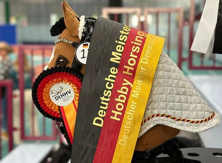 Prijswinnend Hobby Horse met linten en rozet van het Duitse Hobby Horsing-kampioenschap
