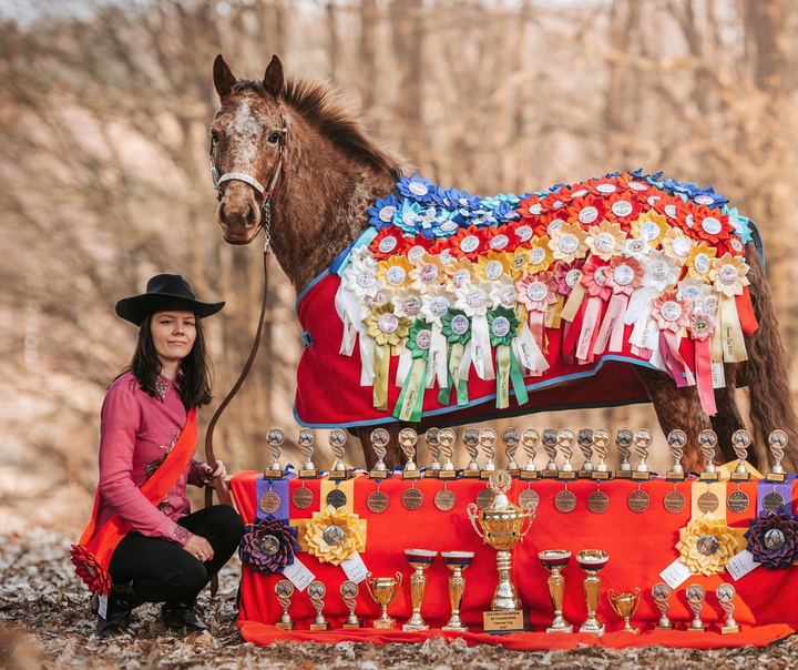 Kaja knielt naast een vos in een met bladeren bedekt bos, met een zwarte hoed met brede rand, roze shirt, zwarte broek en rode sjerp, terwijl ze de Leadrope vasthoudt, het paard draagt een rode Deken met kleurrijke rozetten en rijen medailles