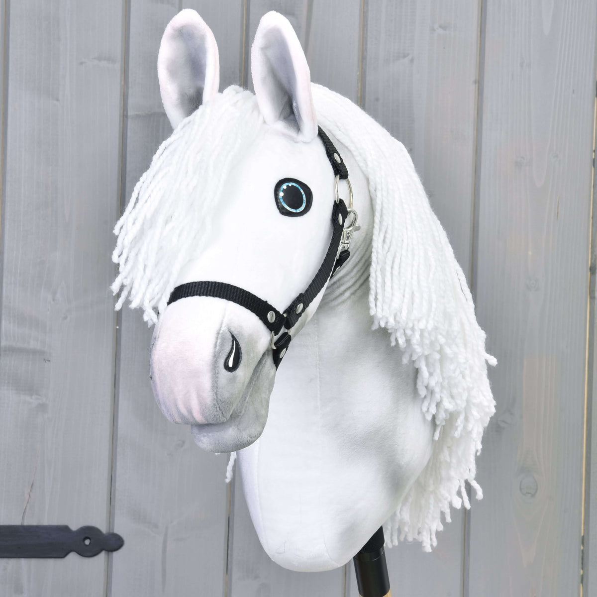 Hobby Horse Elektra avec licol noir vu de face, longue crinière en fil blanc tombant des deux côtés de la tête