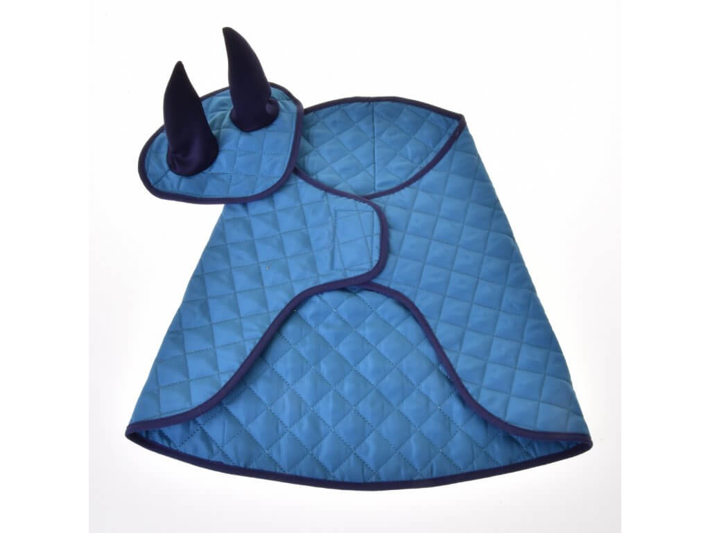 Set Thermo Sky plat neergelegd, gewatteerde blauwe deken en oornetje voor Hobby Horse met marineblauwe oren en bies