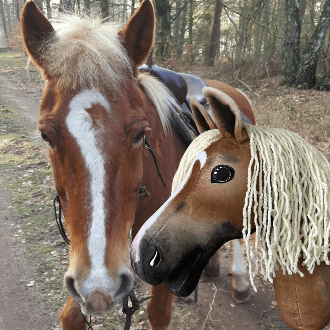 Vos met bles en lichte manen op een bospad naast een voskleurige Hobby Horse met crèmekleurige manen van garen