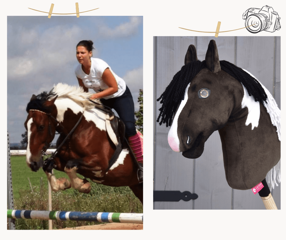 Collage van een vrouw die springt op een bruin-wit paard en een donkerbruin-witte Hobby Horse met zwarte manen van garen