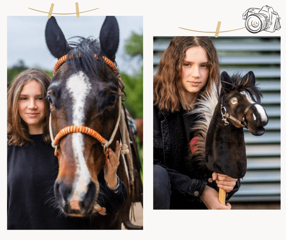 Twee foto’s van een meisje: naast haar donkerbruine paard met oranje touwhalster en met zijn kopie als Hobby Horse in haar armen