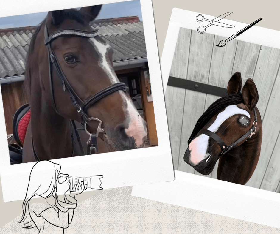 Polaroidcollage van een donkerbruin paard met bles en zijn kopie als Hobby Horse met witte bles en gevlochten zwarte manen
