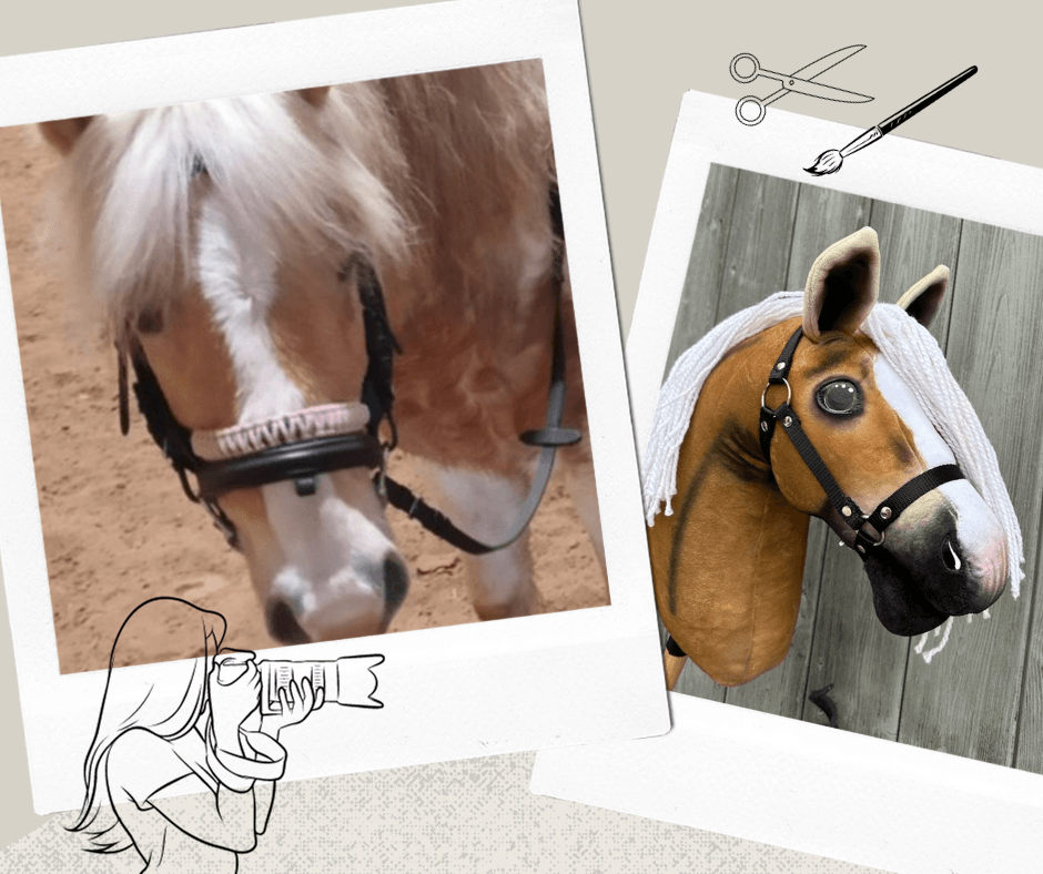 Polaroidcollage van een lichte vospony met lichte manen en zijn kopie als Hobby Horse met witte manen van garen en bles