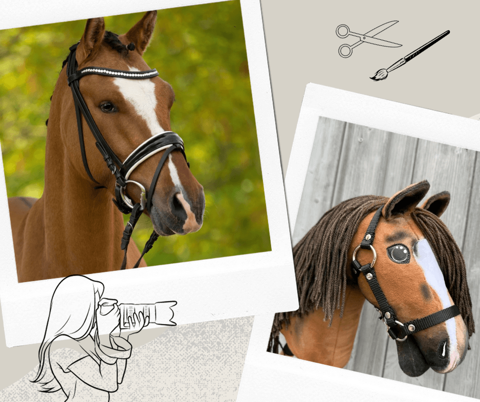 Polaroidcollage van een vos met bles in een zwart hoofdstel en zijn voskleurige kopie als Hobby Horse met bruine manen van garen