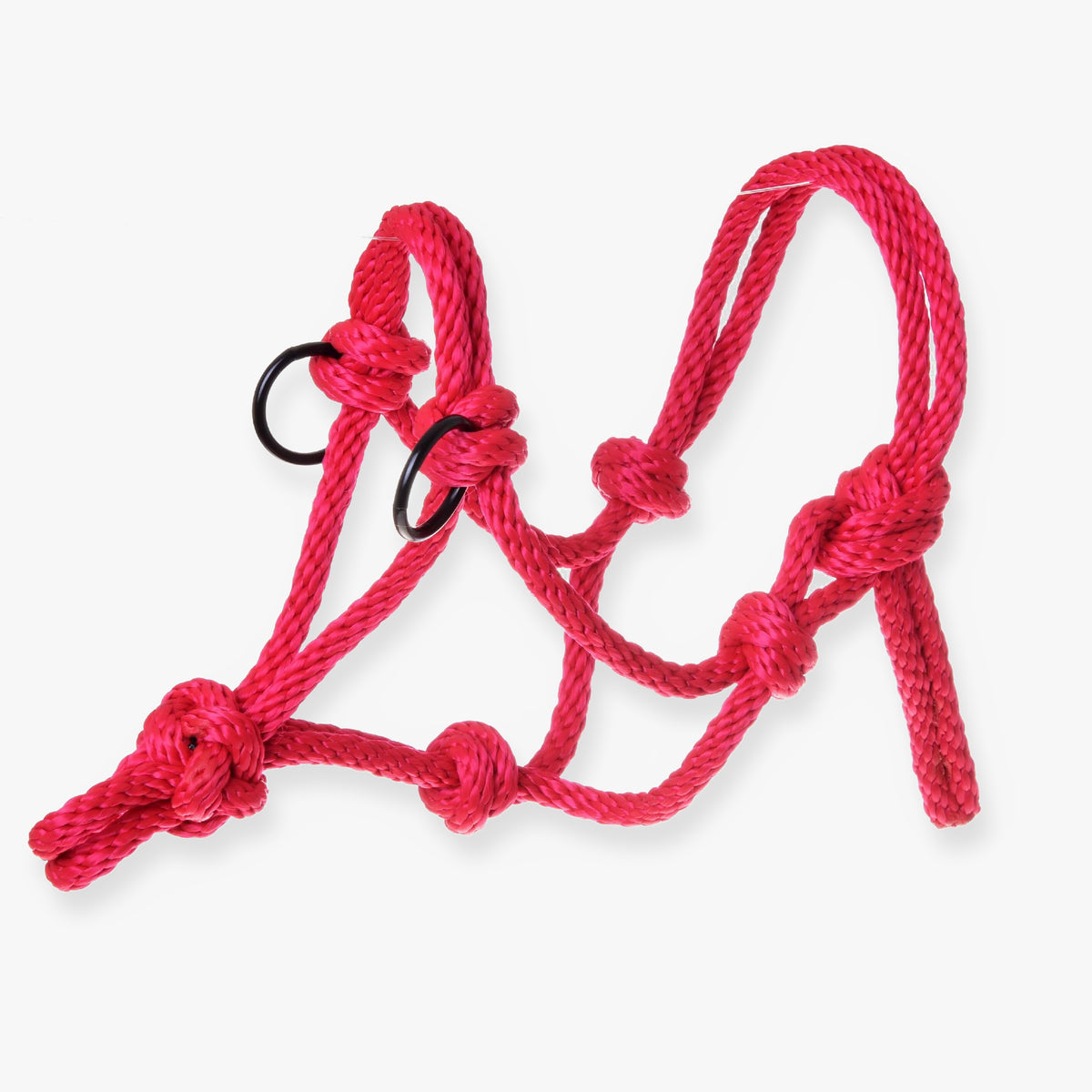 Touwhalster rood van LarDen voor Hobby Horse, rood touw met knopen en twee zwarte metalen ringen op een witte achtergrond