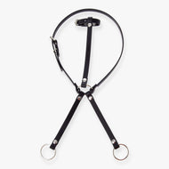 LarDen Hobby Horse Martingale black in smooth black leatherette, an adjustable neck strap above two forks with silver rings