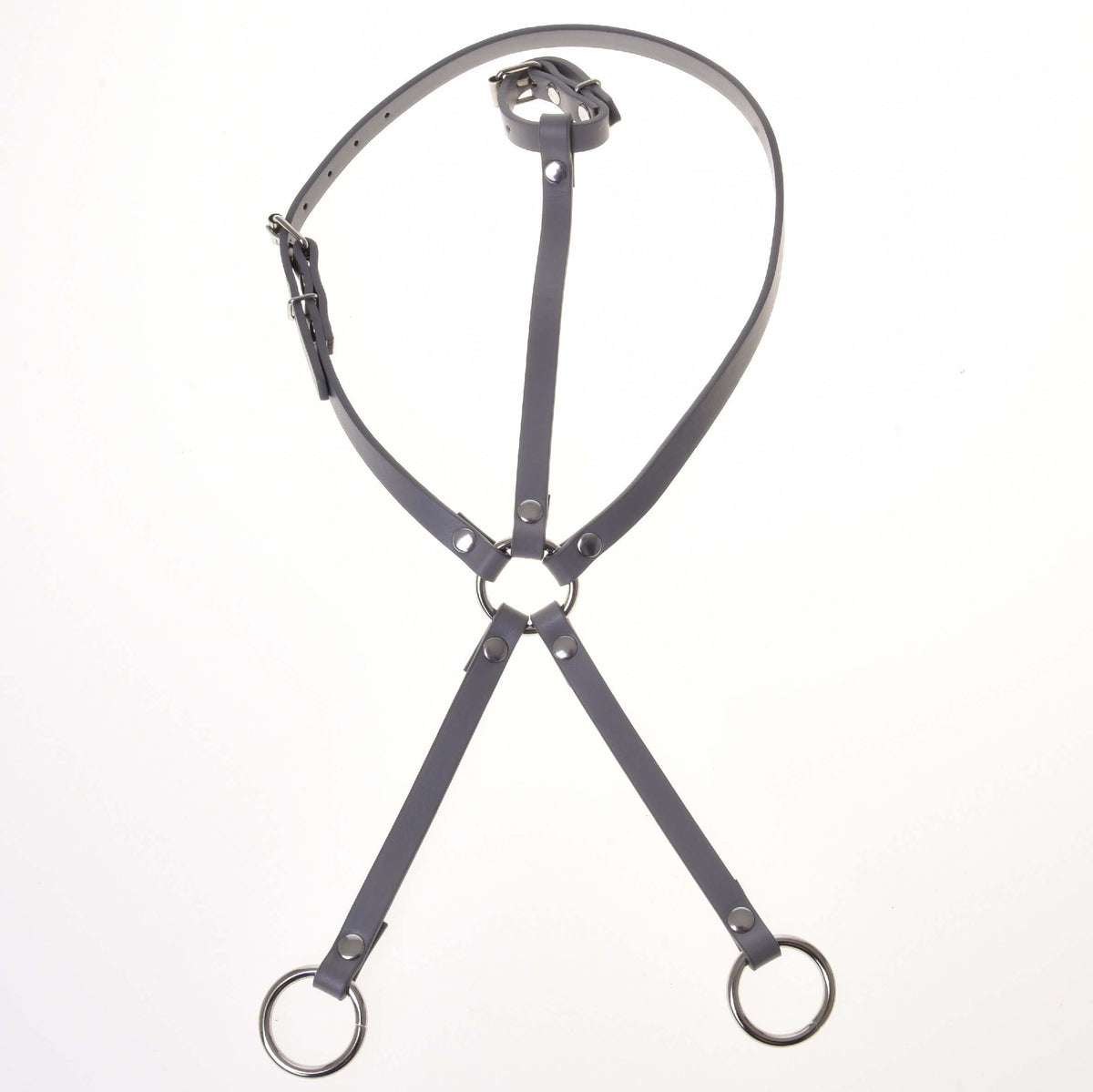 Grey leatherette martingale with silver rings and a buckled neck strap from the Hobby Horse set, laid on white