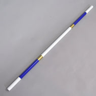 LarDen Hobby Horse Jump pole blue-gold with white ends, royal blue sections and gold bands, lying on a grey floor