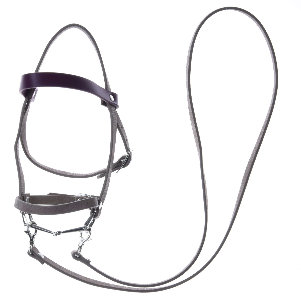 Beige leatherette Hobby Horse bridle with bordeaux browband, bit and long reins, laid out on white