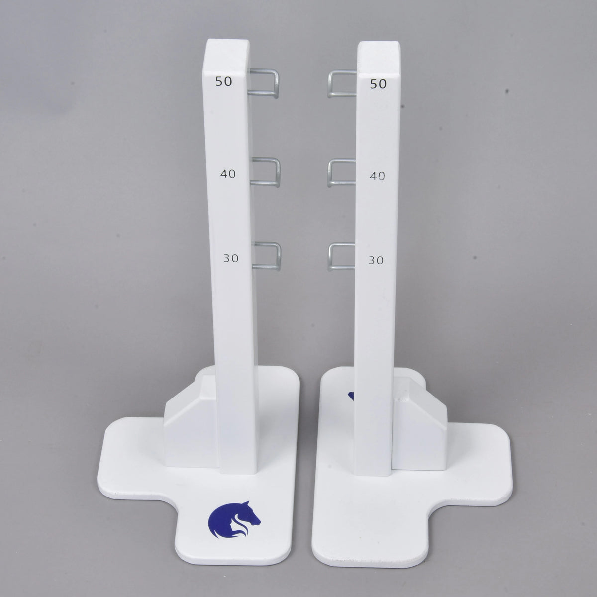 Both low white stands side by side with hooks at 30, 40 and 50 cm and a blue horse logo on each foot