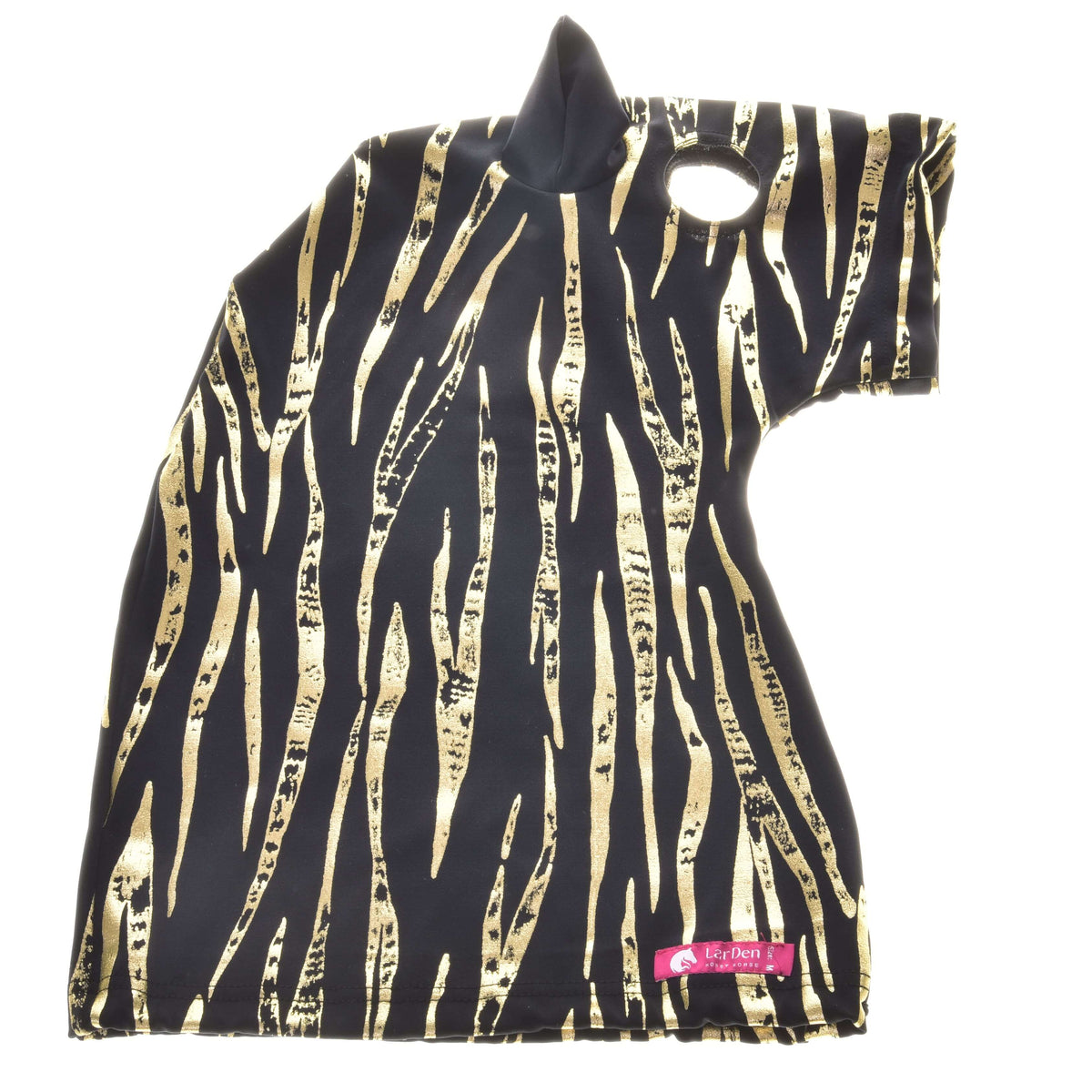Combinaison Zebra Gold noire posée à plat, rayures dorées, ouverture pour l’œil, oreille noire et étiquette rose LarDen