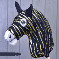 Hobby Horse protective suit Zebra Gold (Lycra) by LarDen: black with metallic gold zebra stripes, covering the whole head
