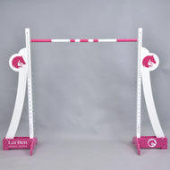 LarDen Hobby Horse Puissance Jump with tall curved white wings, pink horse head logos, pink feet and a pink-white top pole