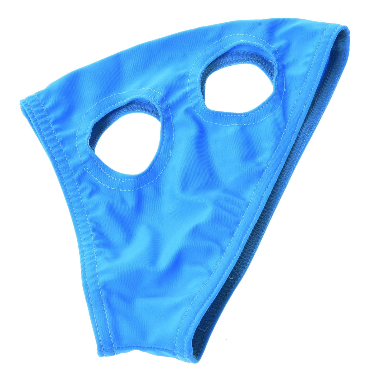 Hemelsblauw paardenmasker zonder oren voor Hobby Horses op een witte achtergrond, met gestikte openingen voor oog en oor