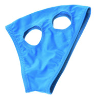 Hemelsblauw paardenmasker zonder oren voor Hobby Horses op een witte achtergrond, met gestikte openingen voor oog en oor