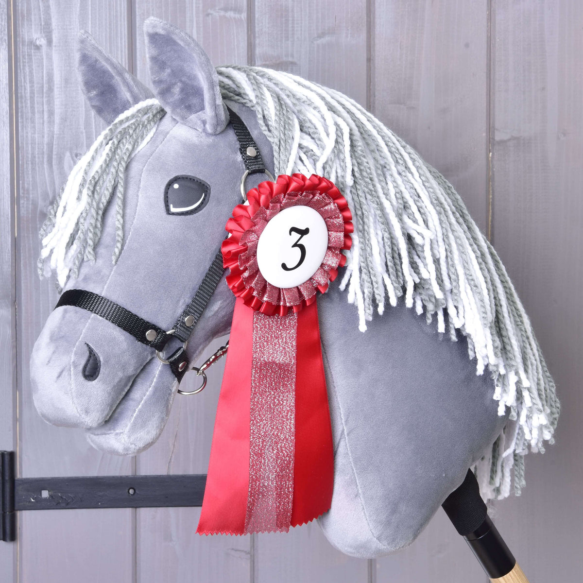Troisième place : la cocarde rouge numéro 3 au ruban scintillant, à l’encolure d’un Hobby Horse gris