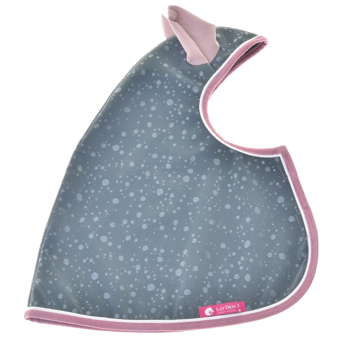 Regenjas met capuchon plat neergelegd in grijsblauw met regendruppelprint, roze oren, roze bies en roze LarDen-label