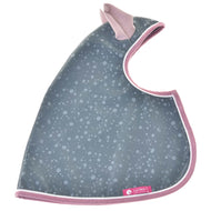 Imperméable à capuche à plat, bleu-gris à imprimé gouttes de pluie, oreilles roses, bordure rose et étiquette rose LarDen