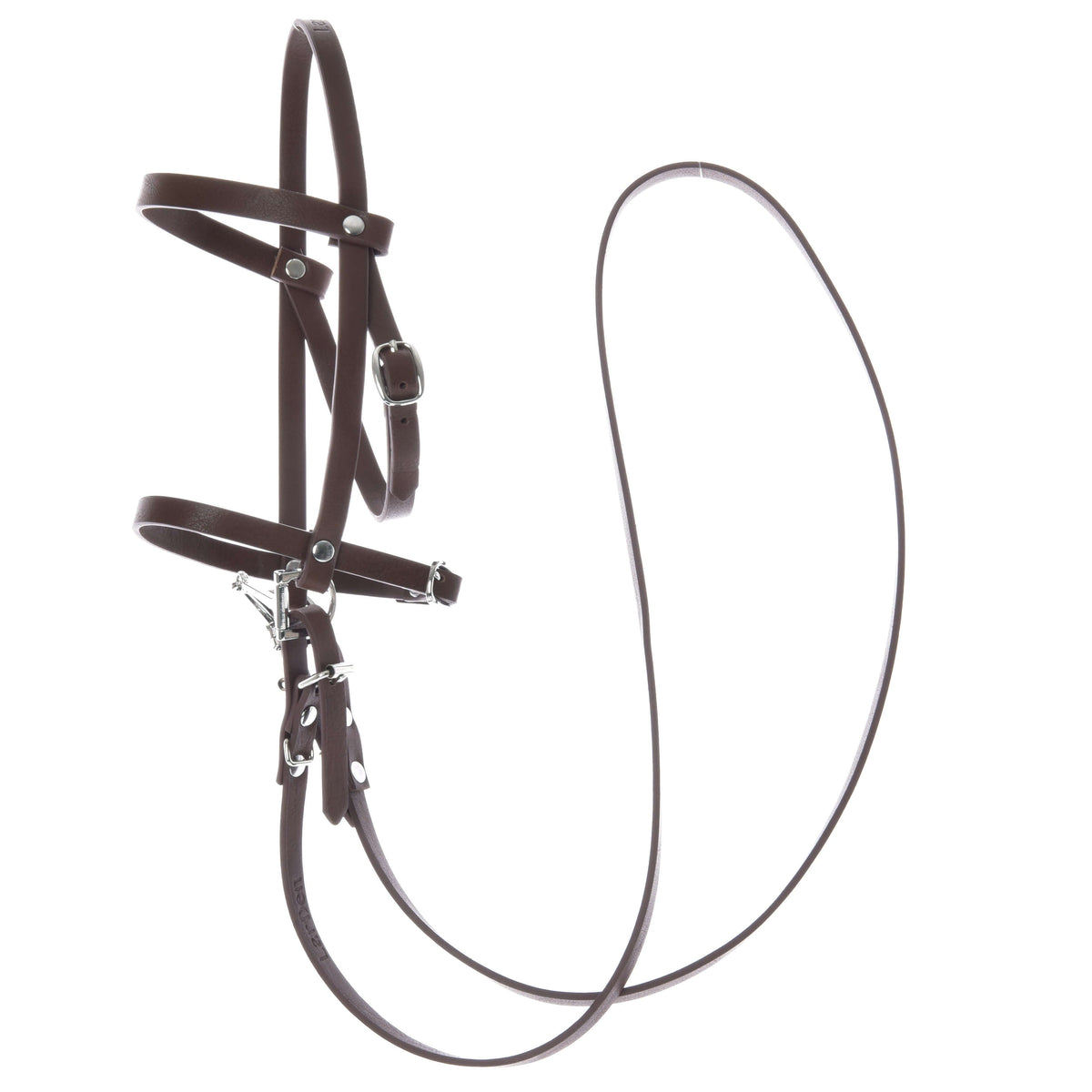 Brown leatherette Hobby Horse bridle with noseband, silver buckles and long reins on a white background