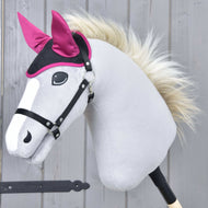 Light grey Hobby Horse with a cream mane and black halter wearing the Ear Bonnet Thermo Sky in black and magenta