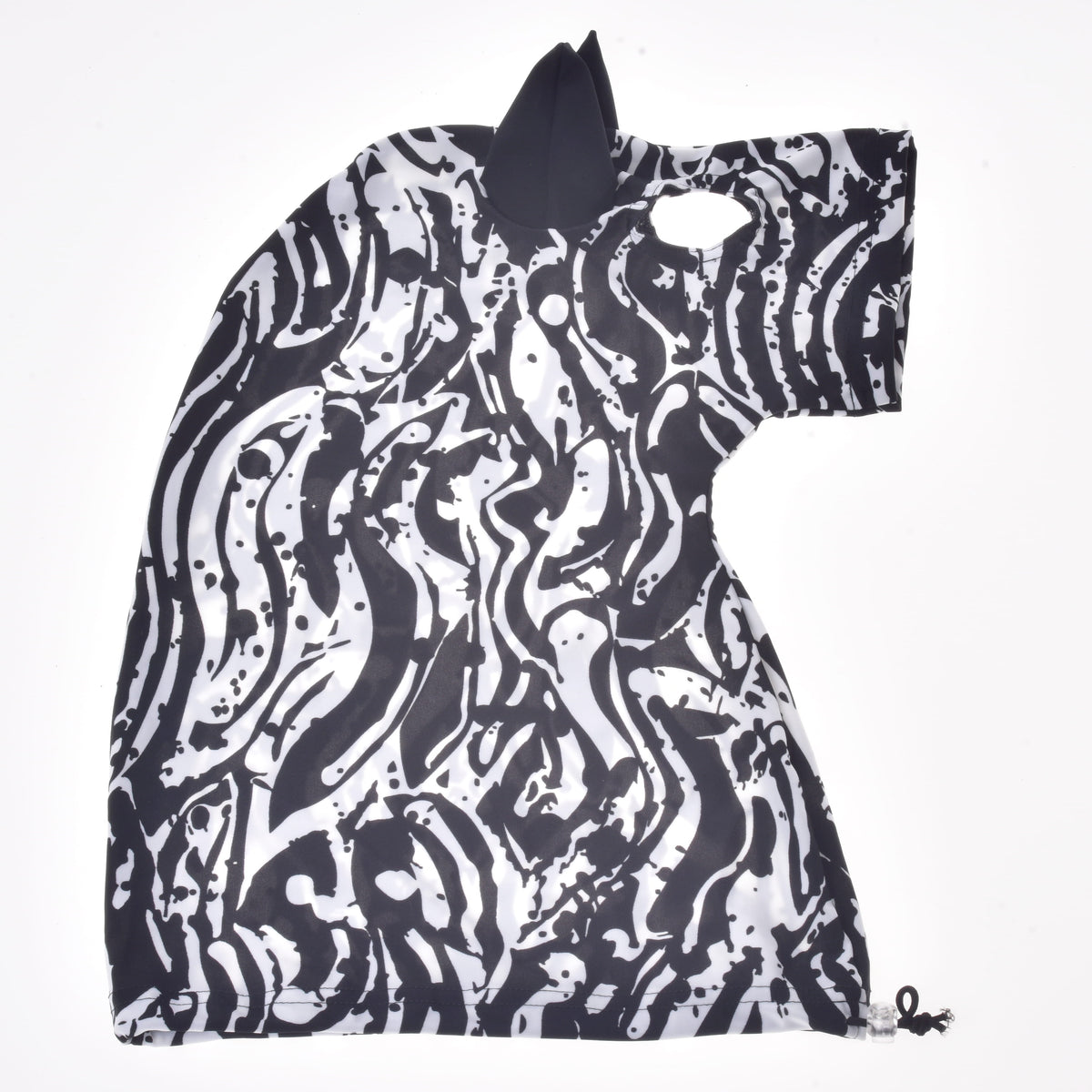 Hobby Horse protective suit Black & White laid flat: one black ear, eye opening and drawstring with toggle at the bottom