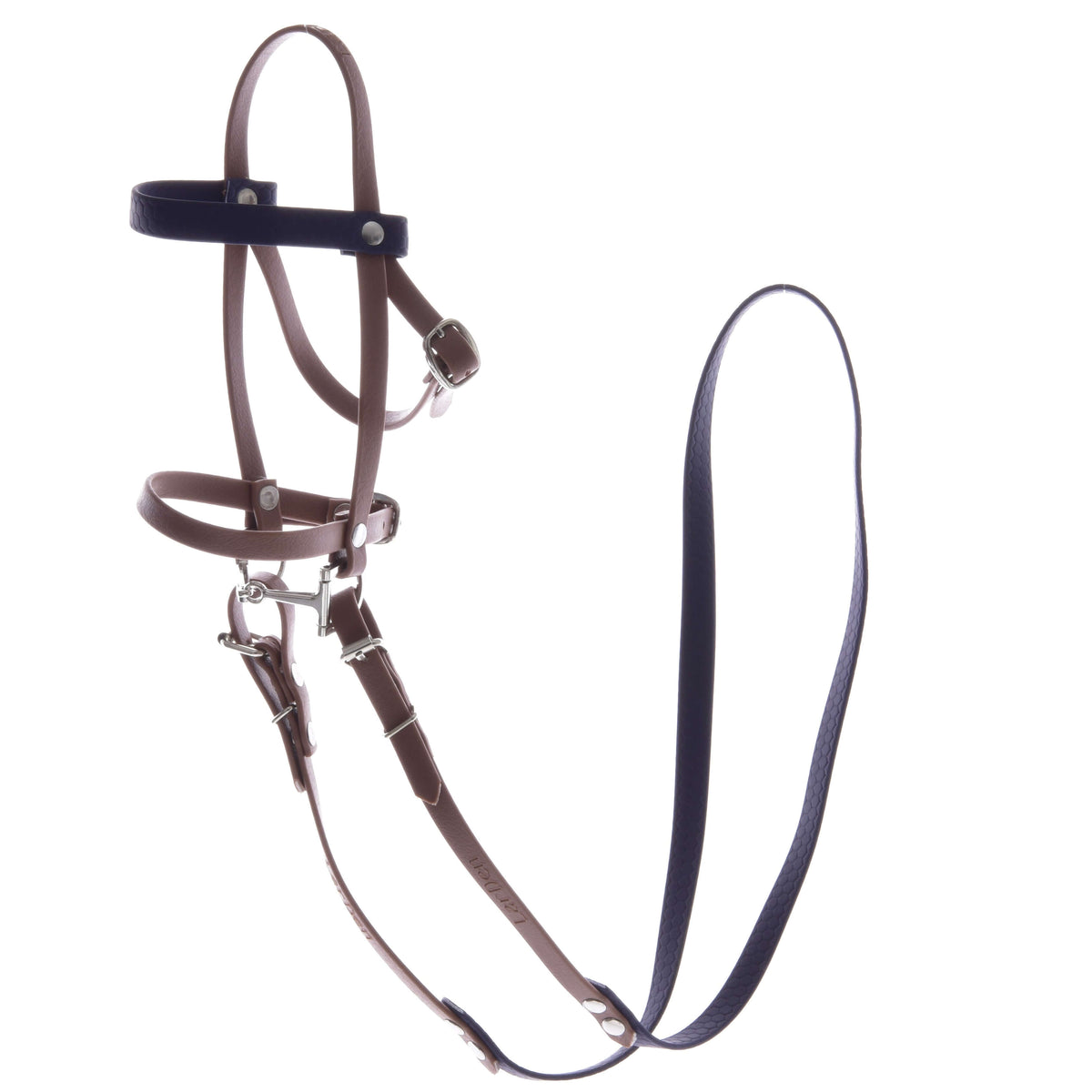 Bride havane en similicuir pour Hobby Horse avec frontal et rênes violet foncé et petit mors sur fond blanc