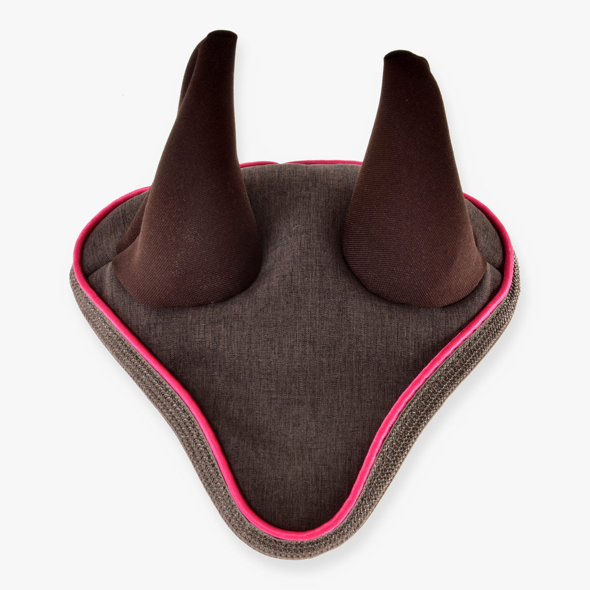Bonnet d’oreilles Chocolat LarDen pour Hobby Horse, tissu marron chiné, oreilles marron foncé et passepoil rose vif