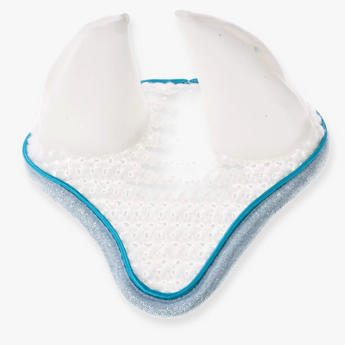 Hobby Horse Ear bonnet Glitter Cuties by LarDen in white crochet with white satin ears, turquoise piping and glittery trim