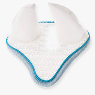Bonnet d’oreilles Glitter Cuties pour Hobby Horse de LarDen, crochet blanc, oreilles en satin blanc, passepoil turquoise et bordure pailletée