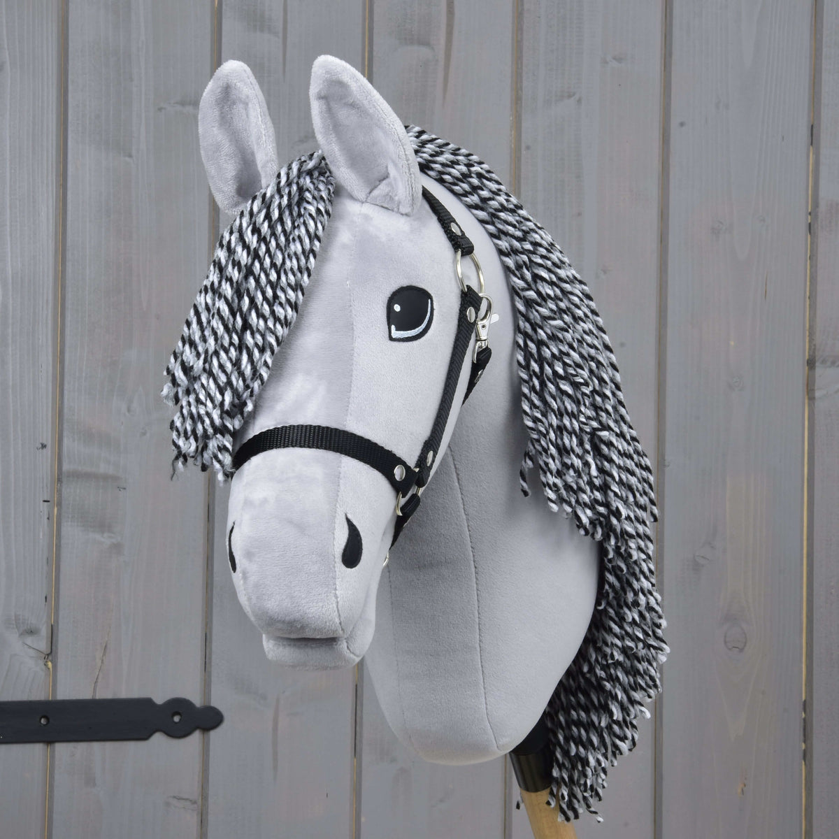 Vue de face du Hobby Horse Caesar avec toupet noir et blanc en fil, yeux noirs et licol noir