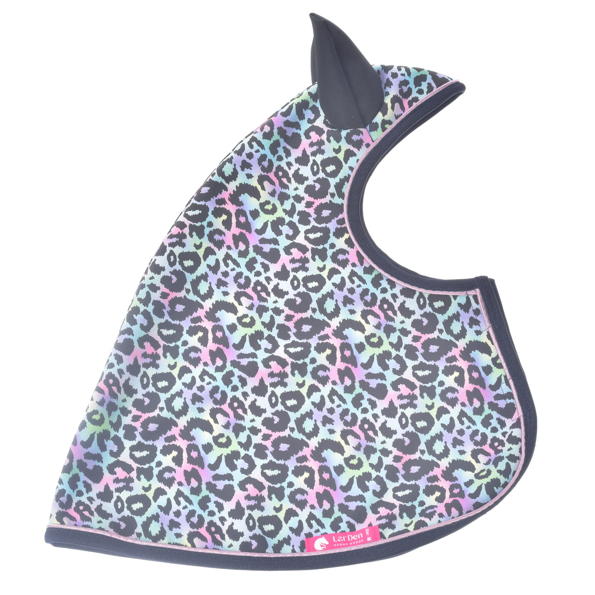 Hobby Horse regenjas Confetti plat van opzij, één zwart oor, softshell met regenboogluipaardprint, marineblauwe bies en roze label