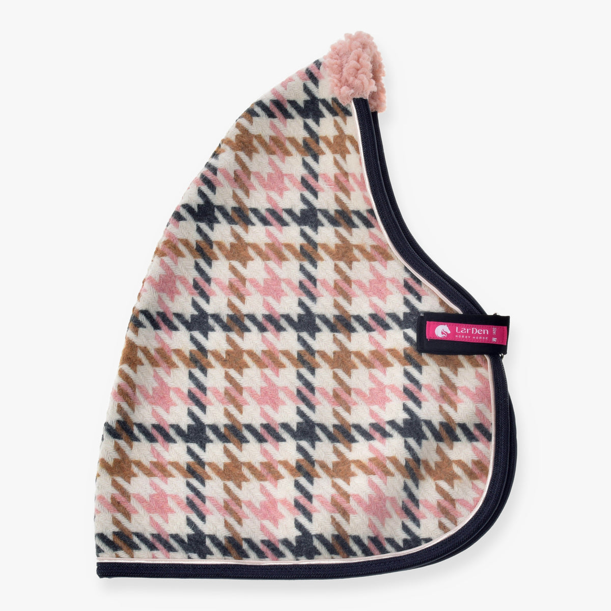 Couverture d'écurie Country Rose de LarDen pour Hobby Horse, pied-de-poule crème, rose et caramel, bordure marine et polaire rose