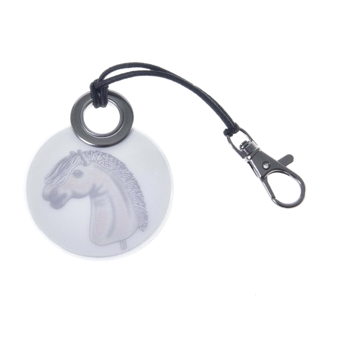 Achterkant van de ronde reflecterende sleutelhanger met een tekening van een grijze Hobby Horse op een stok met krullende manen