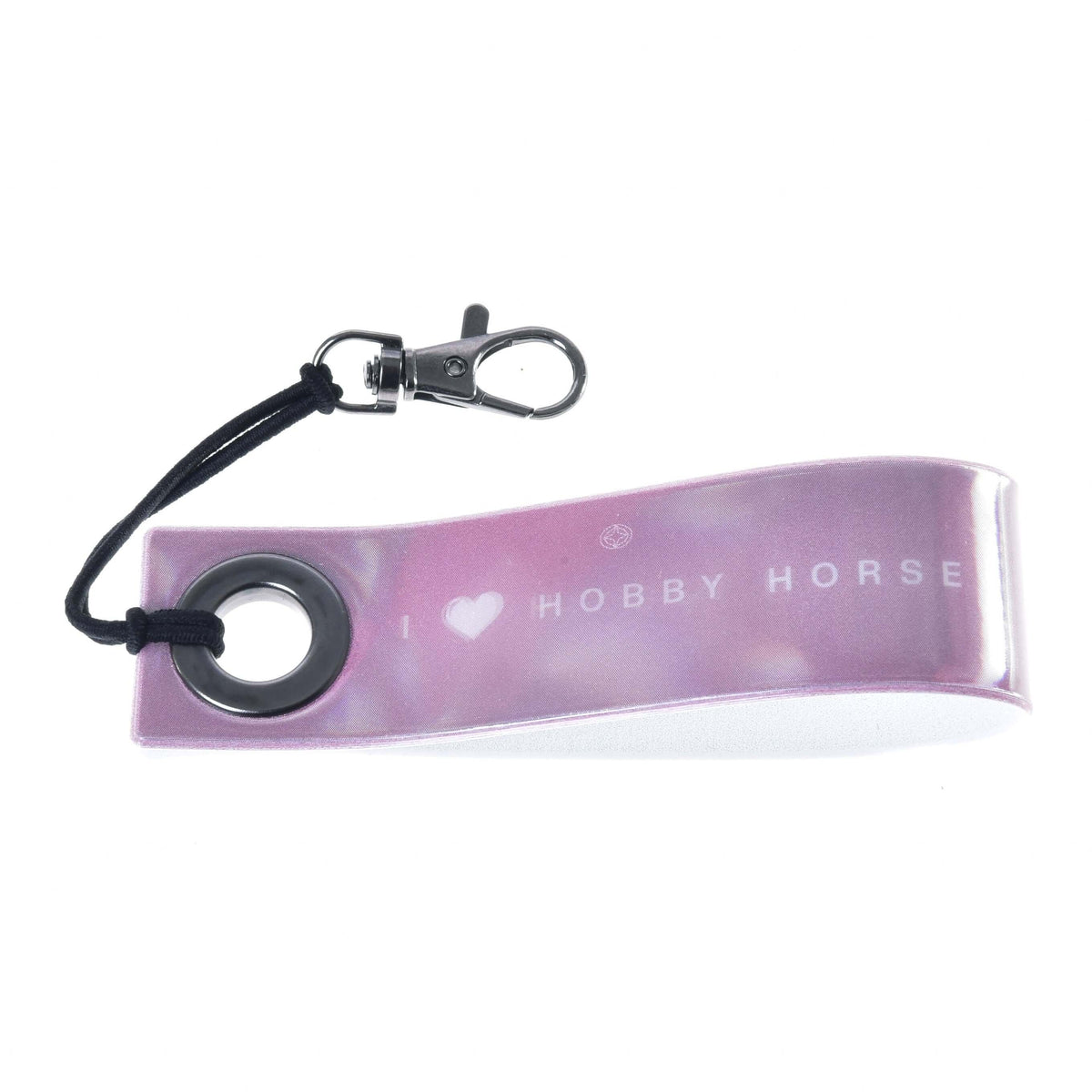 Achterkant van de roze reflecterende sleutelhanger met witte opdruk I ♥ Hobby Horse, zwart koord en zilveren karabijnhaak