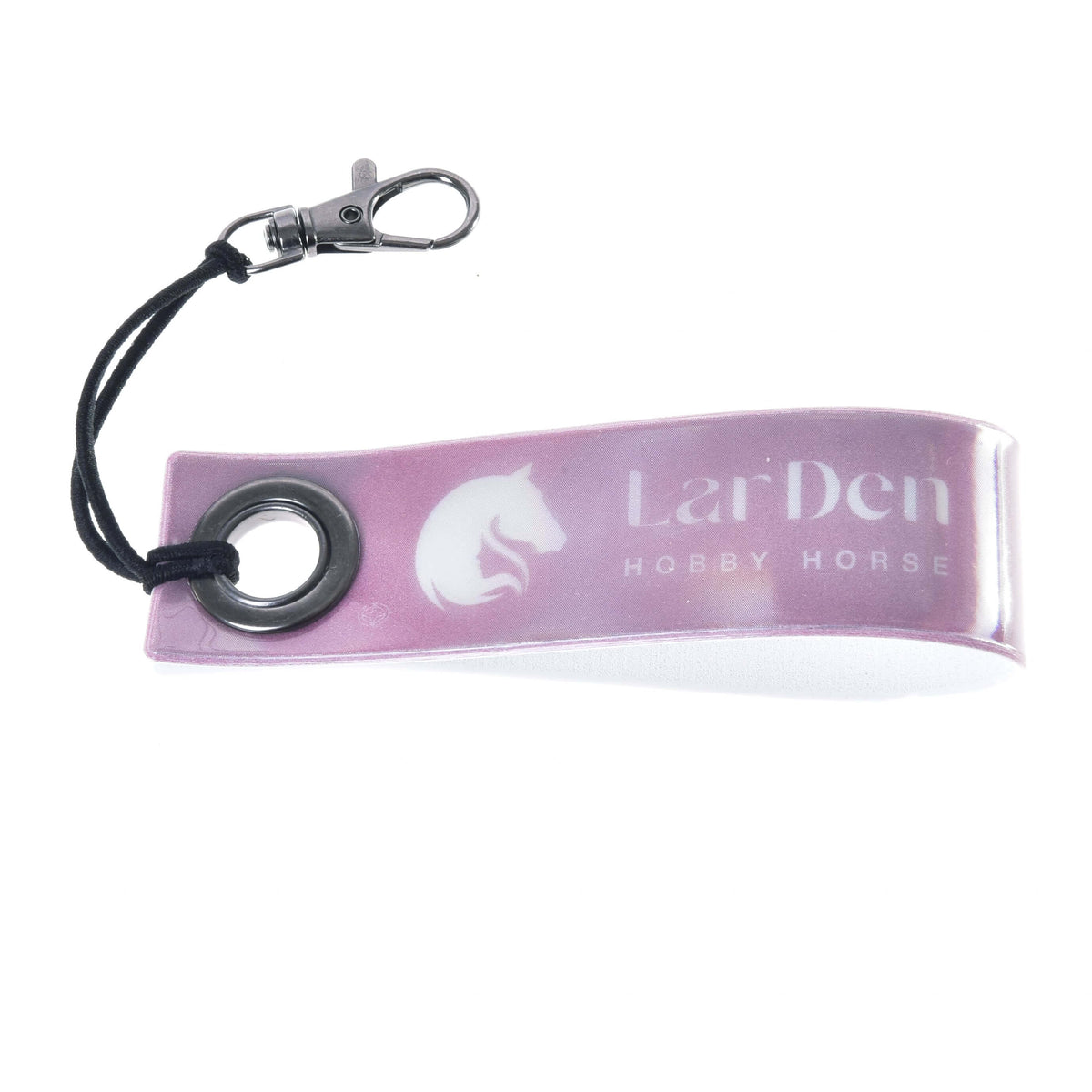 Hobby Horse sleutelhanger band LarDen in reflecterend roze met wit paardenhoofdlogo, zwart koord en zilveren karabijnhaak