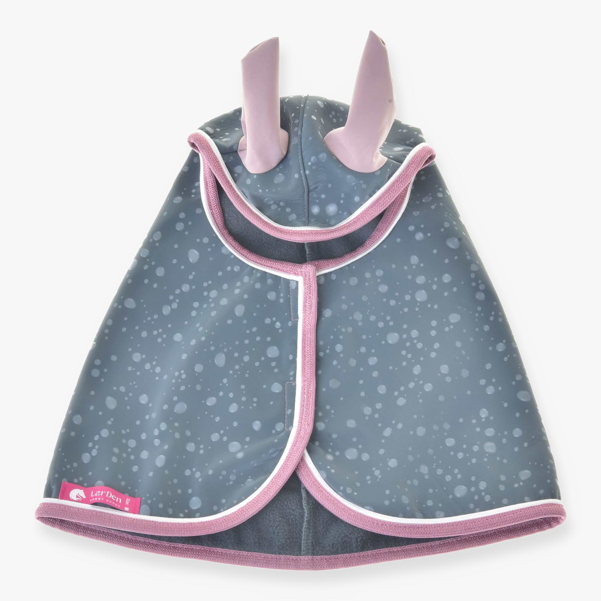 Hobby Horse regenjas Best van LarDen opengevouwen van bovenaf, leigrijs met lichte stippen, oudroze oren en roze bies