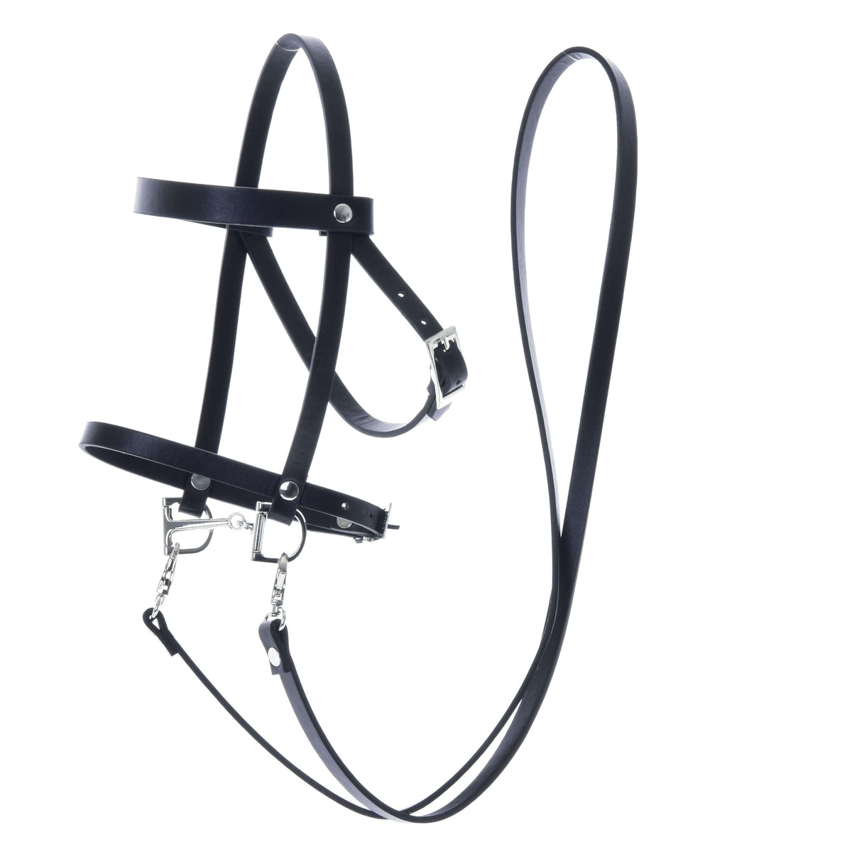 Zwart hoofdstel met lange teugels en zilveren karabijnhaken uit de Hobby Horse Set Basic op een witte achtergrond