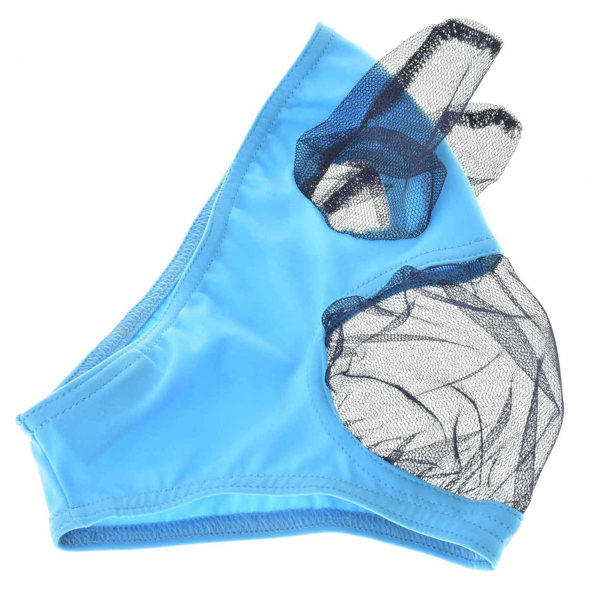 Hobby Horse Fly Mask laid flat from the side, light blue stretch fabric with navy mesh ear and eye panels