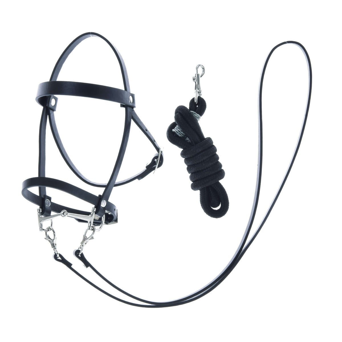 Hoofdstel met teugels uit de Hobby Horse Set Basic naast een opgerold zwart halstertouw met zilveren karabijnhaak